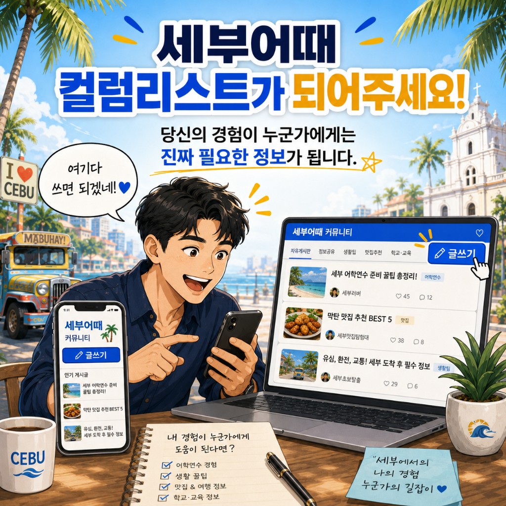 컷 3: 마닐라어때 컬럼리스트가 되어주세요! 당신의 경험이 누군가에게는 진짜 필요한 정보가 됩니다.